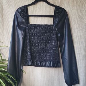 Black Smocked Long Sleeve Top. Size L